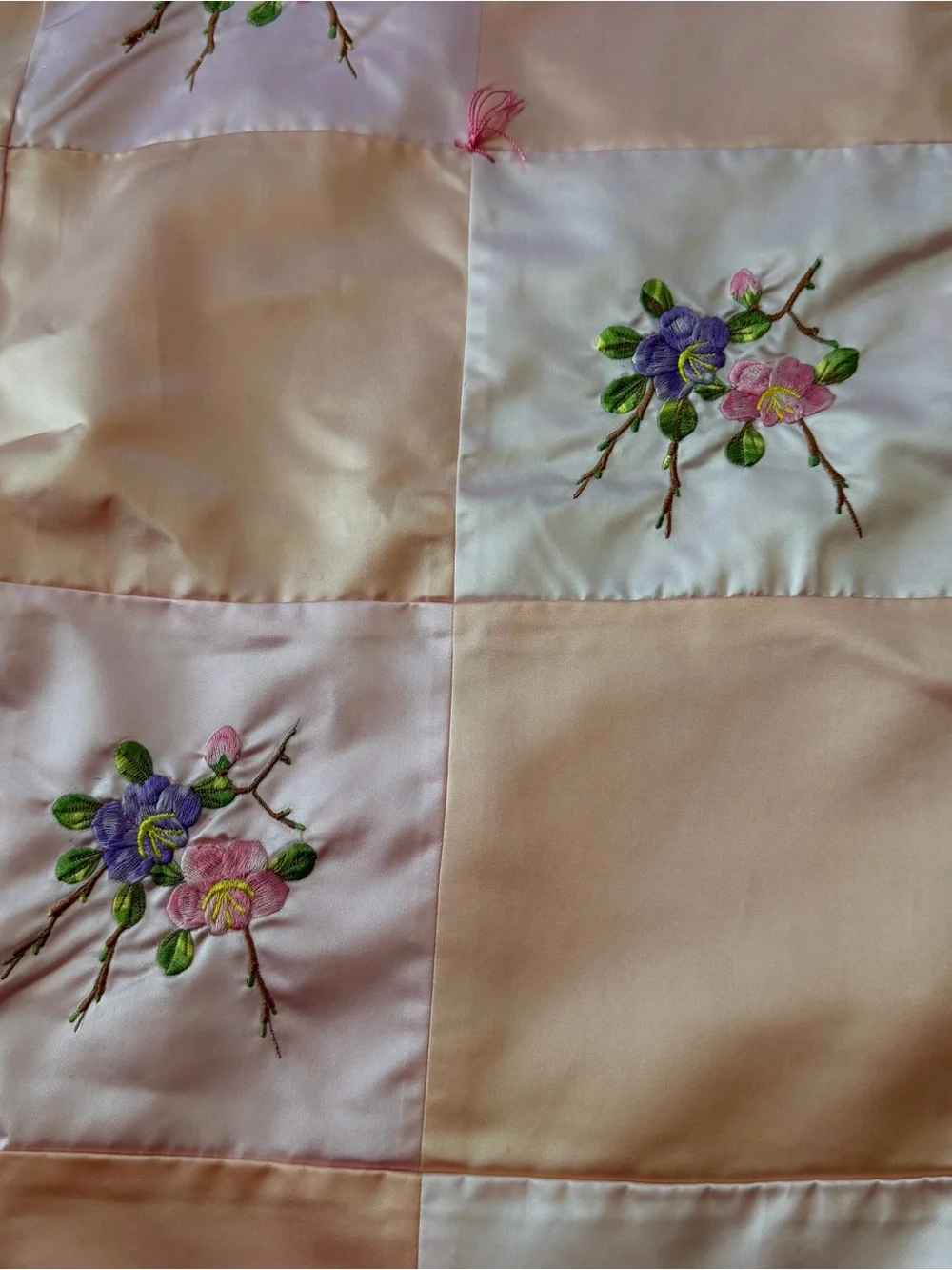 Rare Handmade Vintage Satin Embroidered Floral Bedspread Coverlet 74” x 86”